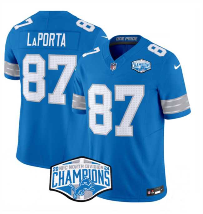 Mens Detroit Lions #87 Sam LaPorta Blue 2024 NFC North Champions F.U.S.E. Vapor Limited Stitched Jersey